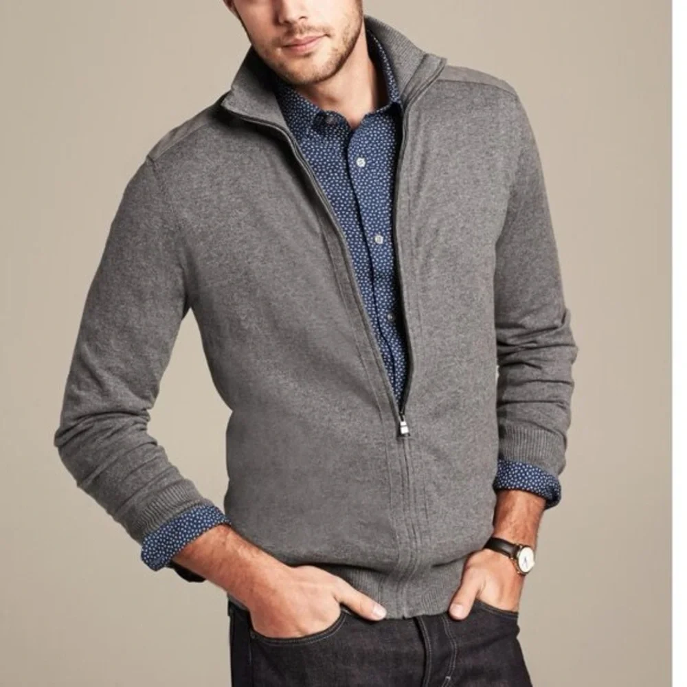 Banana Republic Modern Tipped Standing Collar Merino Wool Full‎ Zip Up Sweater S